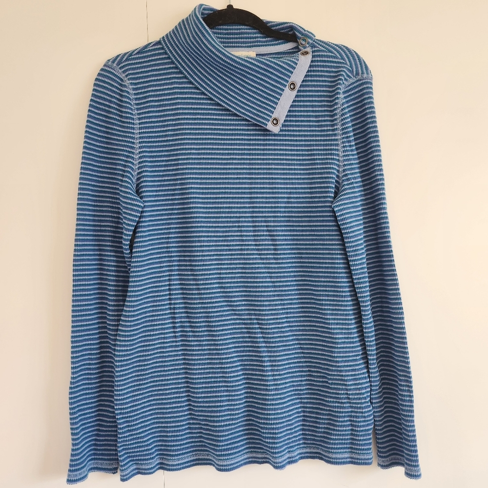 Sundance Blue Green Striped Asymmetrical Snap Neck Top L